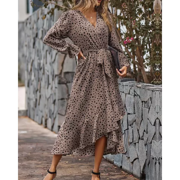 imageBTFBM Women Long Sleeve Wrap Maxi Dress V Neck Boho Floral High Waist Flowy Ruffle 2023 Summer Fall Dresses with BeltLeopard Dot Light Khaki