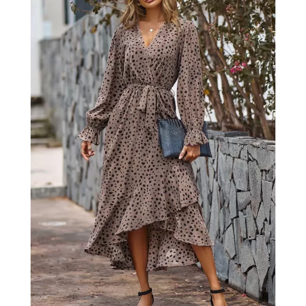 imageBTFBM Women Long Sleeve Wrap Maxi Dress V Neck Boho Floral High Waist Flowy Ruffle 2023 Summer Fall Dresses with BeltLeopard Dot Light Khaki
