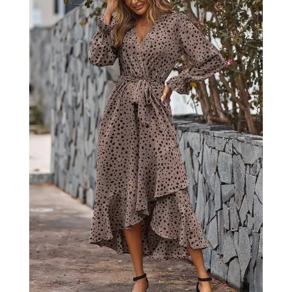 imageBTFBM Women Long Sleeve Wrap Maxi Dress V Neck Boho Floral High Waist Flowy Ruffle 2023 Summer Fall Dresses with BeltLeopard Dot Light Khaki