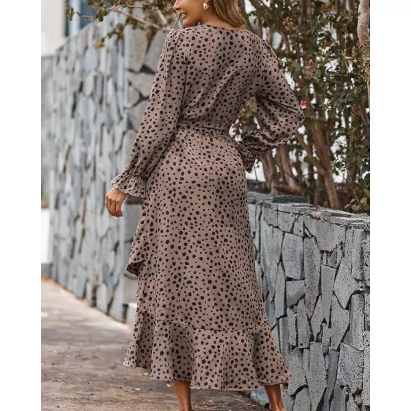 imageBTFBM Women Long Sleeve Wrap Maxi Dress V Neck Boho Floral High Waist Flowy Ruffle 2023 Summer Fall Dresses with BeltLeopard Dot Light Khaki