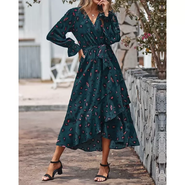 imageBTFBM Women Long Sleeve Wrap Maxi Dress V Neck Boho Floral High Waist Flowy Ruffle 2023 Summer Fall Dresses with BeltLeopard Navy