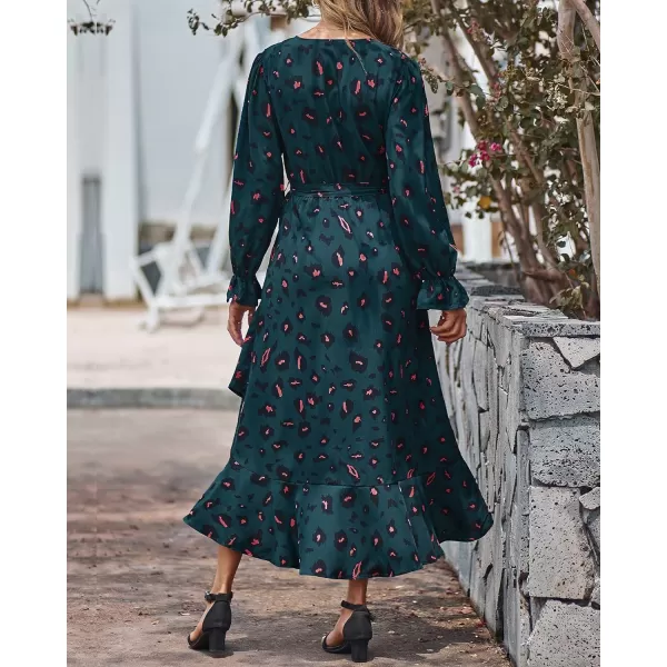 imageBTFBM Women Long Sleeve Wrap Maxi Dress V Neck Boho Floral High Waist Flowy Ruffle 2023 Summer Fall Dresses with BeltLeopard Navy