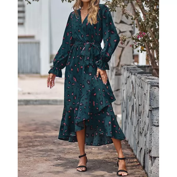 imageBTFBM Women Long Sleeve Wrap Maxi Dress V Neck Boho Floral High Waist Flowy Ruffle 2023 Summer Fall Dresses with BeltLeopard Navy