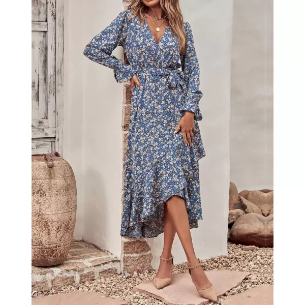 imageBTFBM Women Long Sleeve Wrap Maxi Dress V Neck Boho Floral High Waist Flowy Ruffle 2023 Summer Fall Dresses with BeltPrint Floral Blue