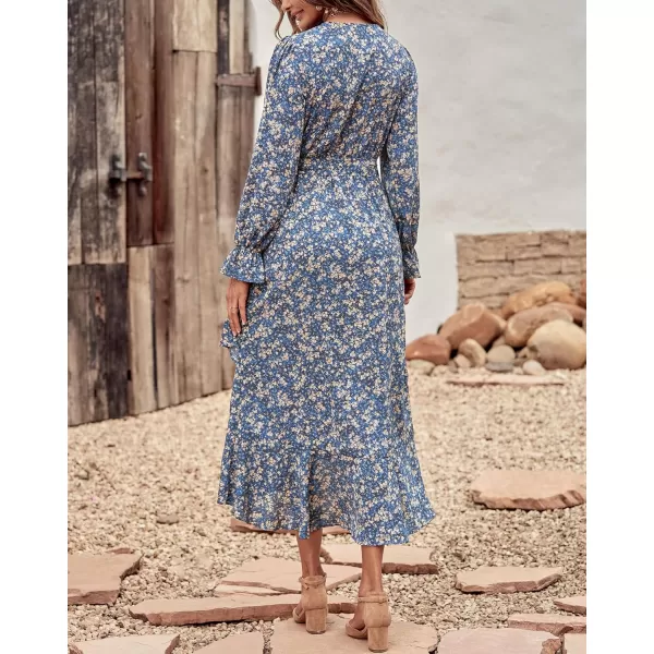 imageBTFBM Women Long Sleeve Wrap Maxi Dress V Neck Boho Floral High Waist Flowy Ruffle 2023 Summer Fall Dresses with BeltPrint Floral Blue