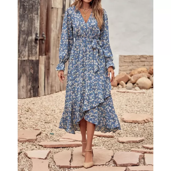 imageBTFBM Women Long Sleeve Wrap Maxi Dress V Neck Boho Floral High Waist Flowy Ruffle 2023 Summer Fall Dresses with BeltPrint Floral Blue