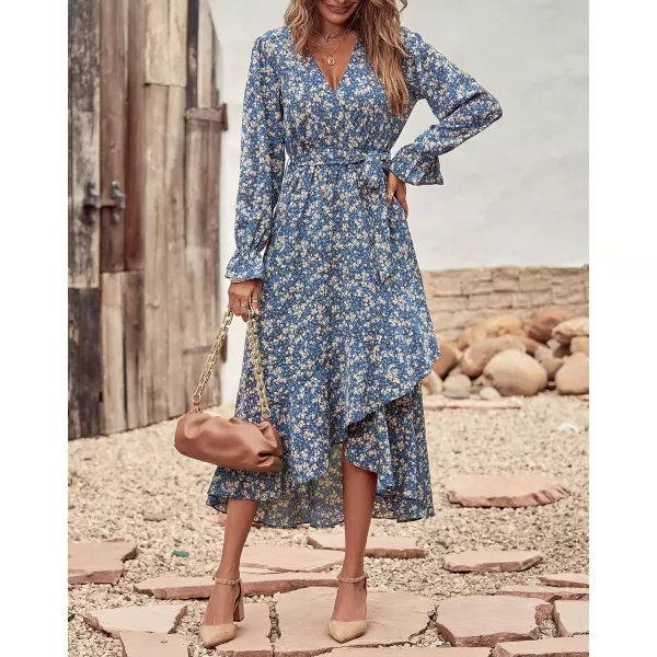 imageBTFBM Women Long Sleeve Wrap Maxi Dress V Neck Boho Floral High Waist Flowy Ruffle 2023 Summer Fall Dresses with BeltPrint Floral Blue