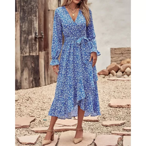 imageBTFBM Women Long Sleeve Wrap Maxi Dress V Neck Boho Floral High Waist Flowy Ruffle 2023 Summer Fall Dresses with BeltWhite Floral Bright Blue