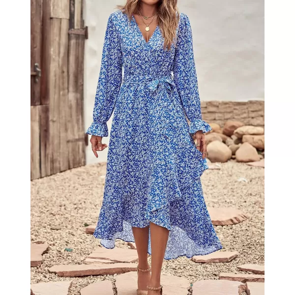 imageBTFBM Women Long Sleeve Wrap Maxi Dress V Neck Boho Floral High Waist Flowy Ruffle 2023 Summer Fall Dresses with BeltWhite Floral Bright Blue