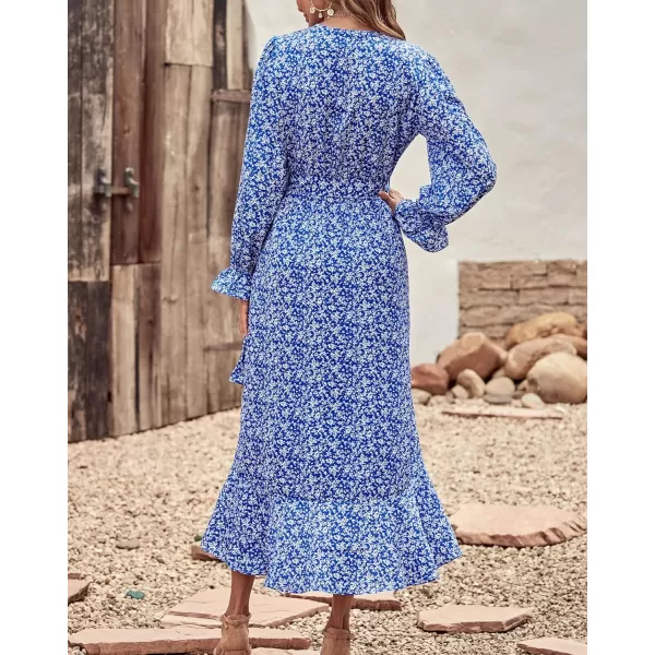 imageBTFBM Women Long Sleeve Wrap Maxi Dress V Neck Boho Floral High Waist Flowy Ruffle 2023 Summer Fall Dresses with BeltWhite Floral Bright Blue