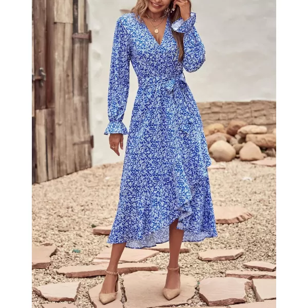 imageBTFBM Women Long Sleeve Wrap Maxi Dress V Neck Boho Floral High Waist Flowy Ruffle 2023 Summer Fall Dresses with BeltWhite Floral Bright Blue