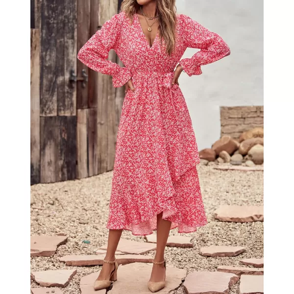 imageBTFBM Women Long Sleeve Wrap Maxi Dress V Neck Boho Floral High Waist Flowy Ruffle 2023 Summer Fall Dresses with BeltWhite Floral Red