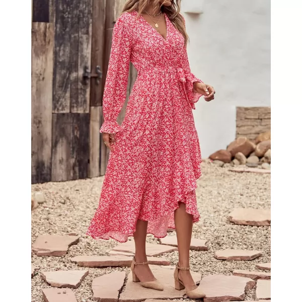 imageBTFBM Women Long Sleeve Wrap Maxi Dress V Neck Boho Floral High Waist Flowy Ruffle 2023 Summer Fall Dresses with BeltWhite Floral Red