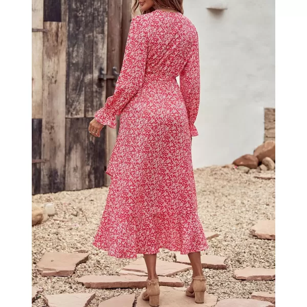imageBTFBM Women Long Sleeve Wrap Maxi Dress V Neck Boho Floral High Waist Flowy Ruffle 2023 Summer Fall Dresses with BeltWhite Floral Red