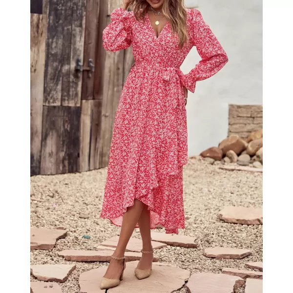 imageBTFBM Women Long Sleeve Wrap Maxi Dress V Neck Boho Floral High Waist Flowy Ruffle 2023 Summer Fall Dresses with BeltWhite Floral Red