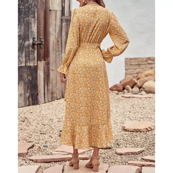 imageBTFBM Women Long Sleeve Wrap Maxi Dress V Neck Boho Floral High Waist Flowy Ruffle 2023 Summer Fall Dresses with BeltWhite Floral Yellow