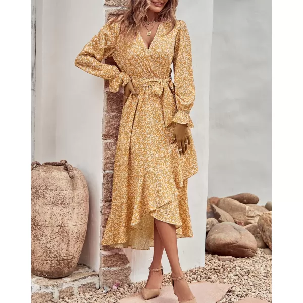 imageBTFBM Women Long Sleeve Wrap Maxi Dress V Neck Boho Floral High Waist Flowy Ruffle 2023 Summer Fall Dresses with BeltWhite Floral Yellow
