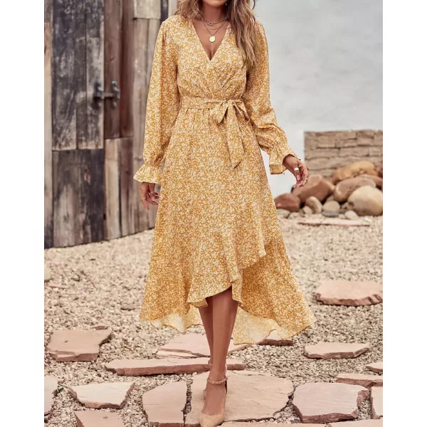 imageBTFBM Women Long Sleeve Wrap Maxi Dress V Neck Boho Floral High Waist Flowy Ruffle 2023 Summer Fall Dresses with BeltWhite Floral Yellow