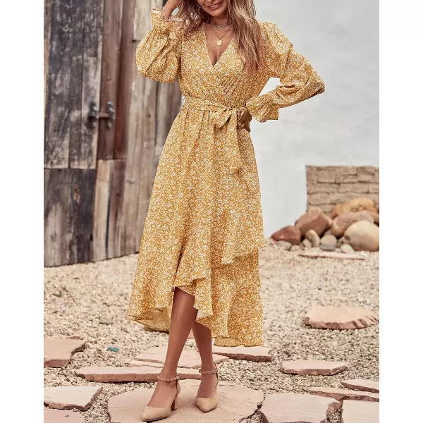 imageBTFBM Women Long Sleeve Wrap Maxi Dress V Neck Boho Floral High Waist Flowy Ruffle 2023 Summer Fall Dresses with BeltWhite Floral Yellow