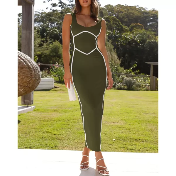 imageBTFBM Women Maxi Bodycon Dresses Square Neck Sleeveless Contrast Binding Split Cocktail Party Club Tank Long Dress 2024Solid Army Green