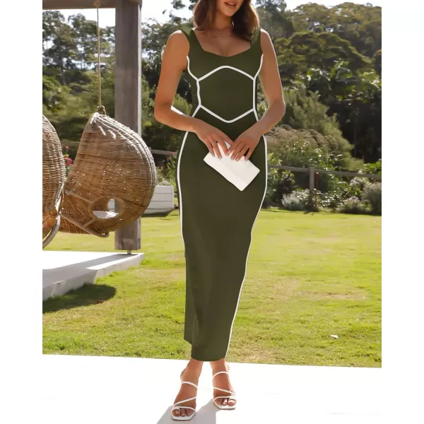 imageBTFBM Women Maxi Bodycon Dresses Square Neck Sleeveless Contrast Binding Split Cocktail Party Club Tank Long Dress 2024Solid Army Green