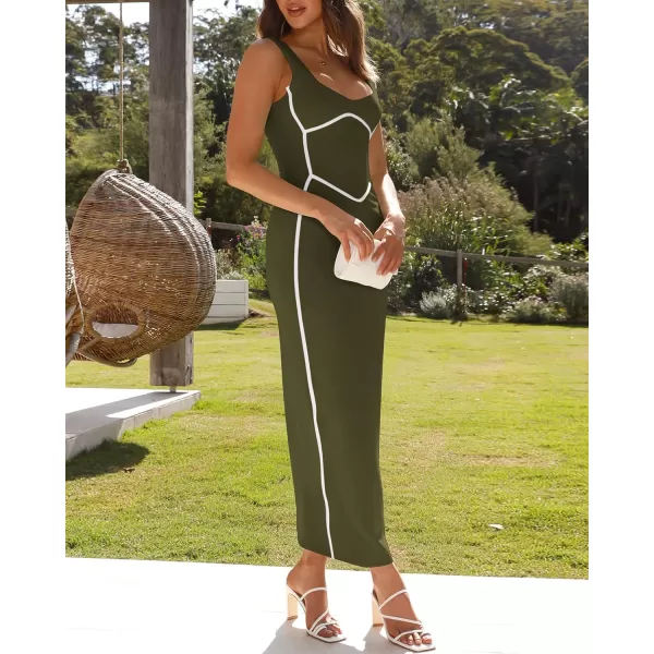 imageBTFBM Women Maxi Bodycon Dresses Square Neck Sleeveless Contrast Binding Split Cocktail Party Club Tank Long Dress 2024Solid Army Green