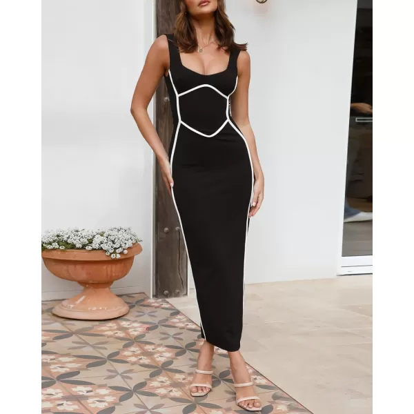 imageBTFBM Women Maxi Bodycon Dresses Square Neck Sleeveless Contrast Binding Split Cocktail Party Club Tank Long Dress 2024Solid Black