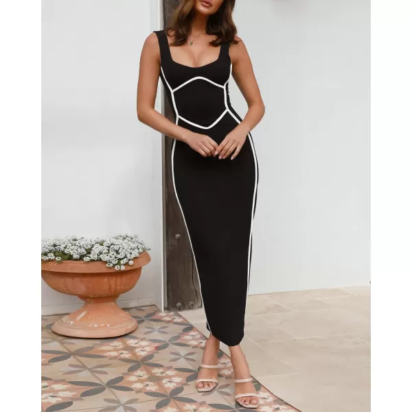 imageBTFBM Women Maxi Bodycon Dresses Square Neck Sleeveless Contrast Binding Split Cocktail Party Club Tank Long Dress 2024Solid Black