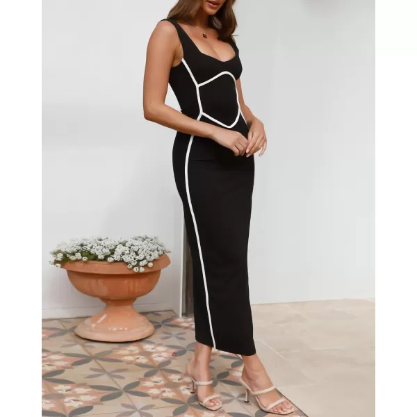 imageBTFBM Women Maxi Bodycon Dresses Square Neck Sleeveless Contrast Binding Split Cocktail Party Club Tank Long Dress 2024Solid Black