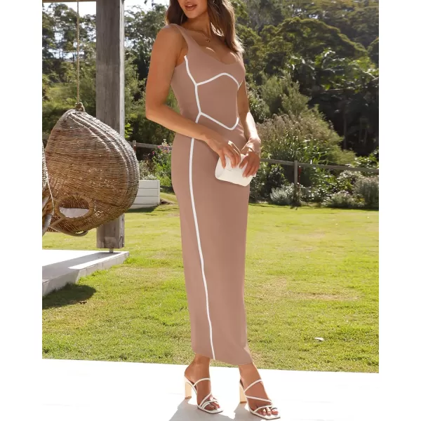 imageBTFBM Women Maxi Bodycon Dresses Square Neck Sleeveless Contrast Binding Split Cocktail Party Club Tank Long Dress 2024Solid Khaki