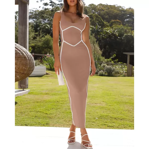imageBTFBM Women Maxi Bodycon Dresses Square Neck Sleeveless Contrast Binding Split Cocktail Party Club Tank Long Dress 2024Solid Khaki