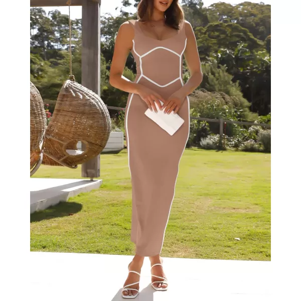 imageBTFBM Women Maxi Bodycon Dresses Square Neck Sleeveless Contrast Binding Split Cocktail Party Club Tank Long Dress 2024Solid Khaki