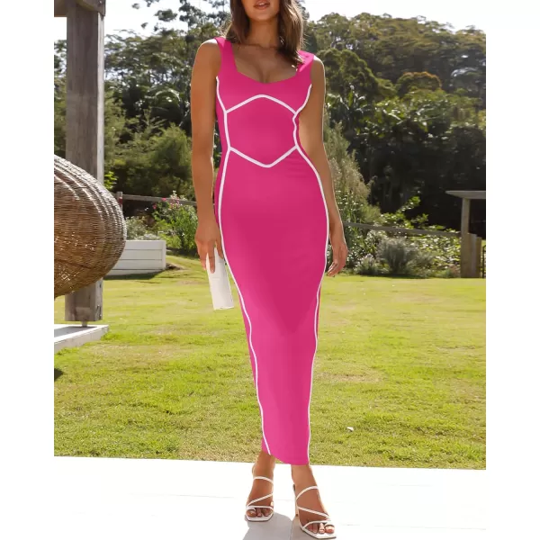 imageBTFBM Women Maxi Bodycon Dresses Square Neck Sleeveless Contrast Binding Split Cocktail Party Club Tank Long Dress 2024Solid Rose Red