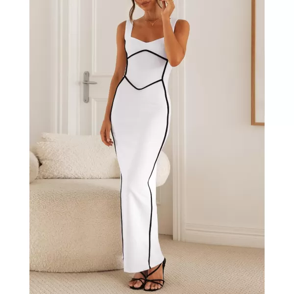 imageBTFBM Women Maxi Bodycon Dresses Square Neck Sleeveless Contrast Binding Split Cocktail Party Club Tank Long Dress 2024Solid White