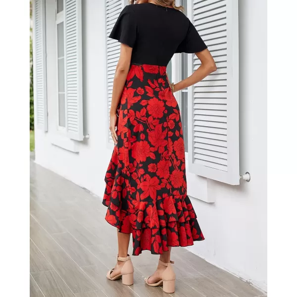 imageBTFBM Women Maxi Summer Dresses 2024 Short Sleeve V Neck Boho Floral Print Belted High Low Ruffle Cocktail Party DressBig Floral Black Red