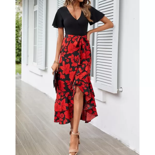imageBTFBM Women Maxi Summer Dresses 2024 Short Sleeve V Neck Boho Floral Print Belted High Low Ruffle Cocktail Party DressBig Floral Black Red