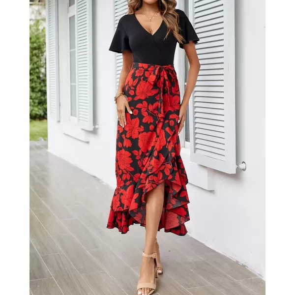 imageBTFBM Women Maxi Summer Dresses 2024 Short Sleeve V Neck Boho Floral Print Belted High Low Ruffle Cocktail Party DressBig Floral Black Red