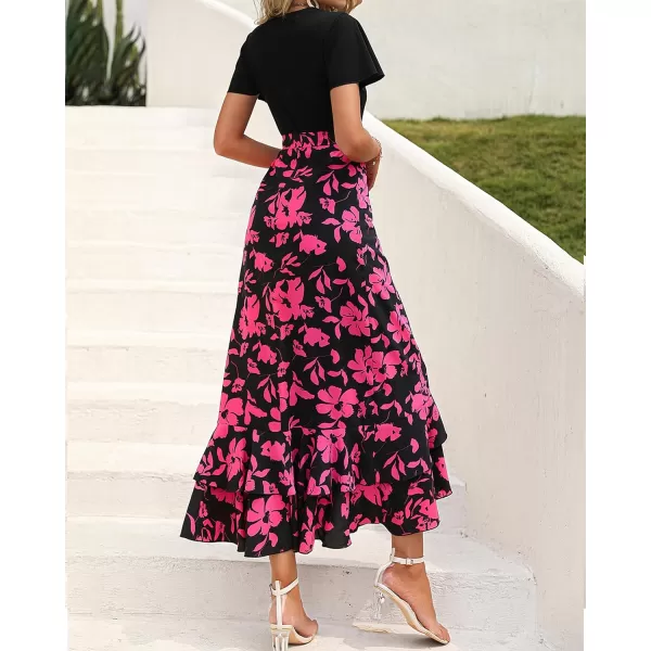 imageBTFBM Women Maxi Summer Dresses 2024 Short Sleeve V Neck Boho Floral Print Belted High Low Ruffle Cocktail Party DressBig Floral Black Rose Red