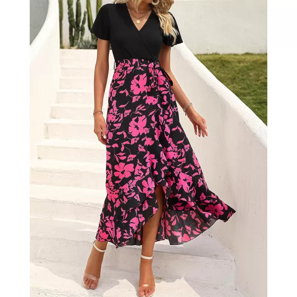 imageBTFBM Women Maxi Summer Dresses 2024 Short Sleeve V Neck Boho Floral Print Belted High Low Ruffle Cocktail Party DressBig Floral Black Rose Red