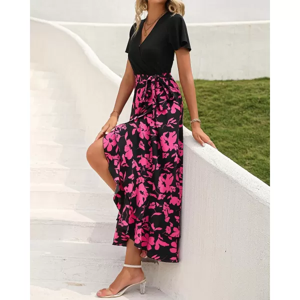 imageBTFBM Women Maxi Summer Dresses 2024 Short Sleeve V Neck Boho Floral Print Belted High Low Ruffle Cocktail Party DressBig Floral Black Rose Red