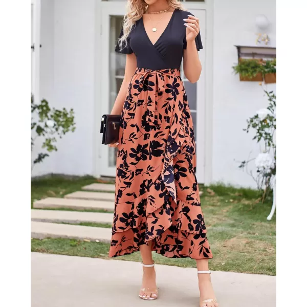 imageBTFBM Women Maxi Summer Dresses 2024 Short Sleeve V Neck Boho Floral Print Belted High Low Ruffle Cocktail Party DressBig Floral Brown