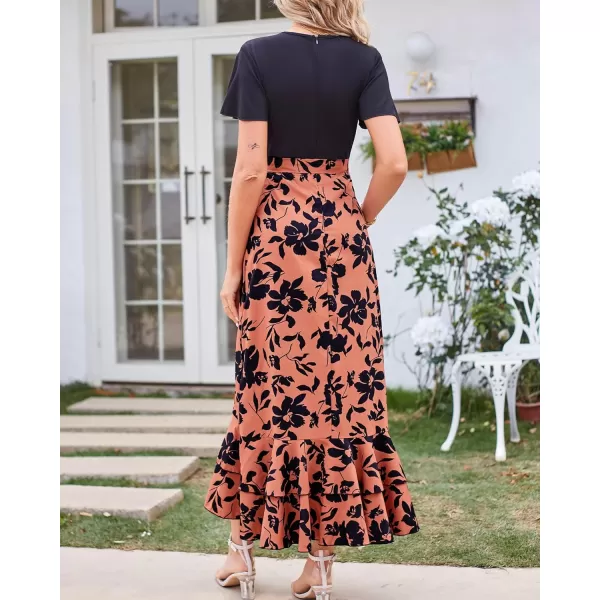 imageBTFBM Women Maxi Summer Dresses 2024 Short Sleeve V Neck Boho Floral Print Belted High Low Ruffle Cocktail Party DressBig Floral Brown