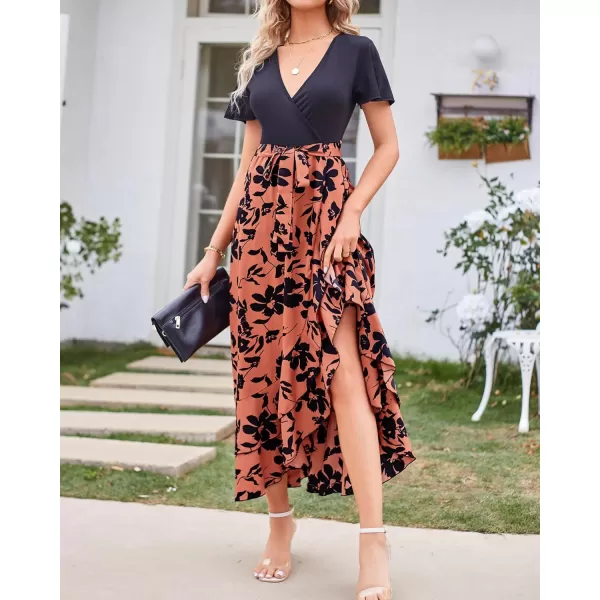 imageBTFBM Women Maxi Summer Dresses 2024 Short Sleeve V Neck Boho Floral Print Belted High Low Ruffle Cocktail Party DressBig Floral Brown