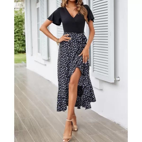 imageBTFBM Women Maxi Summer Dresses 2024 Short Sleeve V Neck Boho Floral Print Belted High Low Ruffle Cocktail Party DressFloral Black Blue