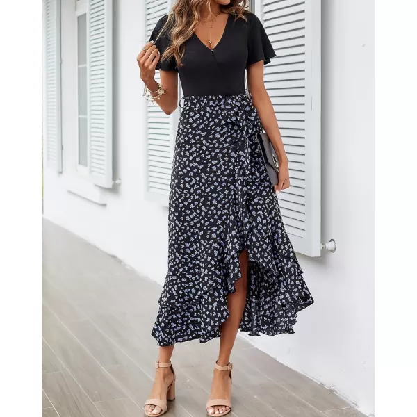 imageBTFBM Women Maxi Summer Dresses 2024 Short Sleeve V Neck Boho Floral Print Belted High Low Ruffle Cocktail Party DressFloral Black Blue