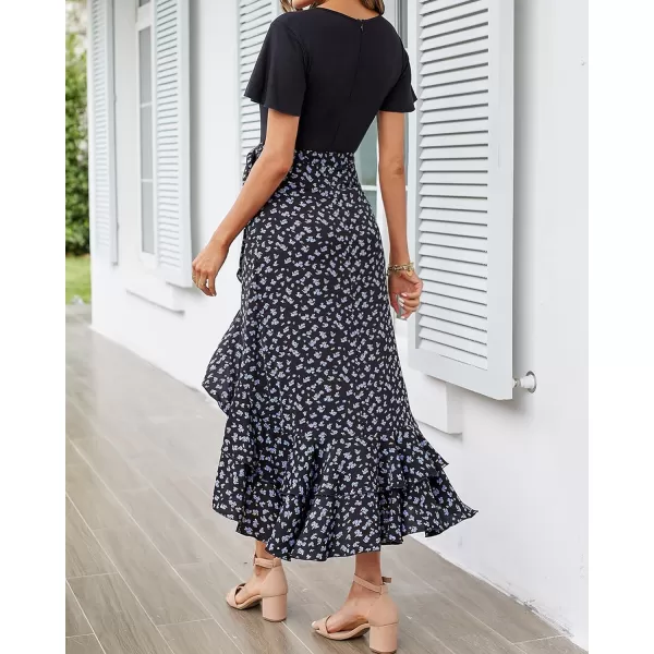 imageBTFBM Women Maxi Summer Dresses 2024 Short Sleeve V Neck Boho Floral Print Belted High Low Ruffle Cocktail Party DressFloral Black Blue