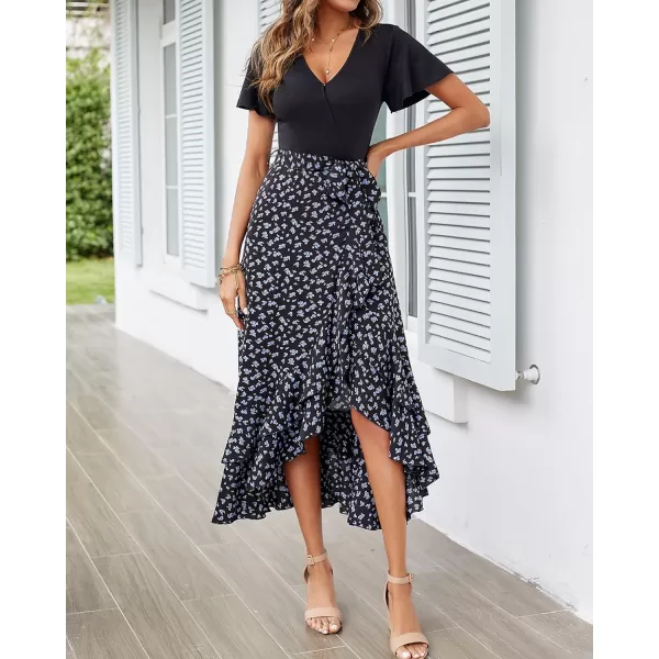 imageBTFBM Women Maxi Summer Dresses 2024 Short Sleeve V Neck Boho Floral Print Belted High Low Ruffle Cocktail Party DressFloral Black Blue