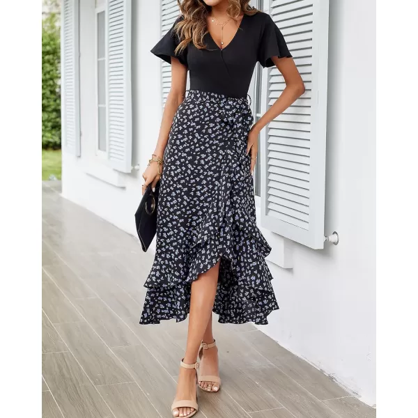 imageBTFBM Women Maxi Summer Dresses 2024 Short Sleeve V Neck Boho Floral Print Belted High Low Ruffle Cocktail Party DressFloral Black Blue