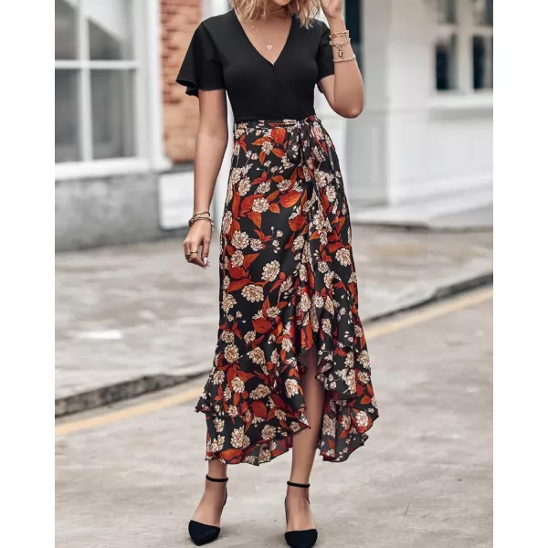 imageBTFBM Women Maxi Summer Dresses 2024 Short Sleeve V Neck Boho Floral Print Belted High Low Ruffle Cocktail Party DressFloral Black Brown