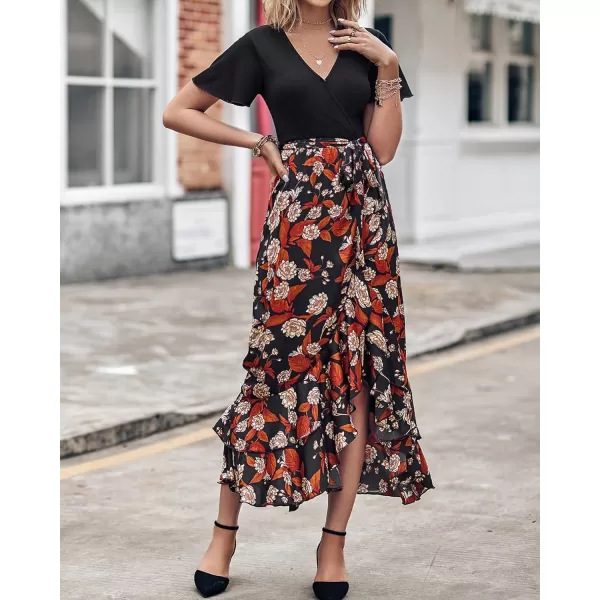 imageBTFBM Women Maxi Summer Dresses 2024 Short Sleeve V Neck Boho Floral Print Belted High Low Ruffle Cocktail Party DressFloral Black Brown